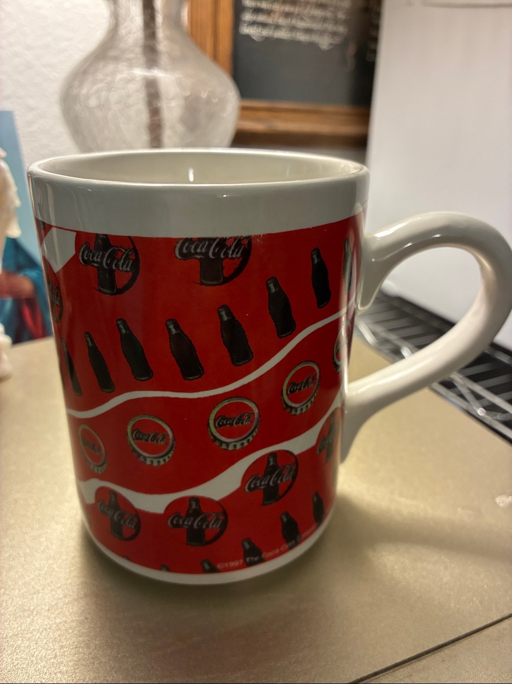 Coca Cola White Ceramic Mug with Red Logos and Bottle Graphic by Gibson 1997